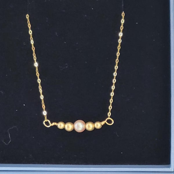 Dainty Solid Gold Bead Necklace: Freshwater Pink Pearl Accent