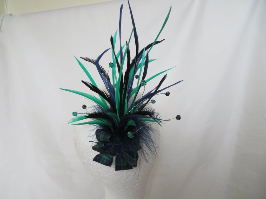 Navy Blue Emerald Green and Black Feather & Crystal Black Watch Tartan Bow Comb 