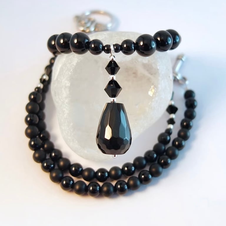 Black Onyx, Crystal & Silver Necklace, Birthday, Anniversary, Gifts For Her