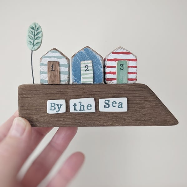 Little Painted Wooden Beach Huts with Clay Tree 'By the Sea'