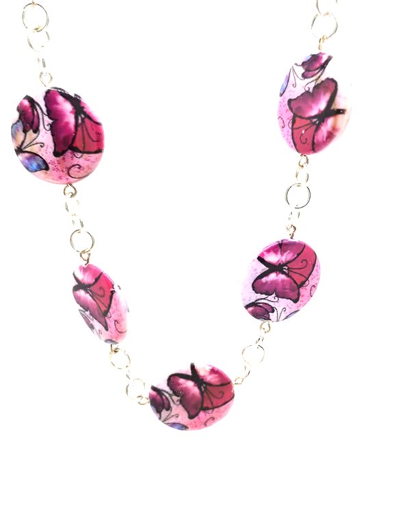 Handmade painted butterflies shell rosary link necklace 