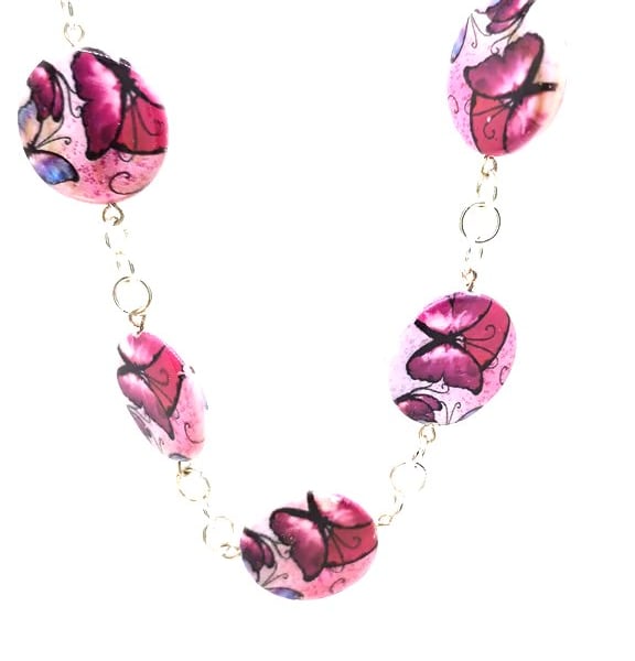 Handmade painted butterflies shell rosary link necklace 