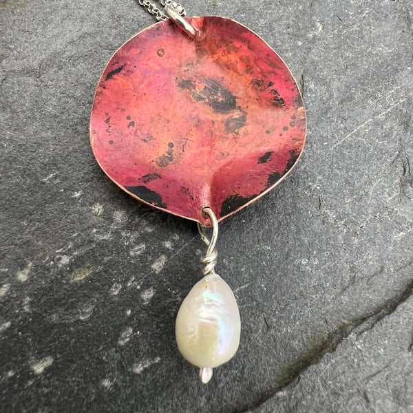 Copper Leaf and Freshwater Pearl Necklace 