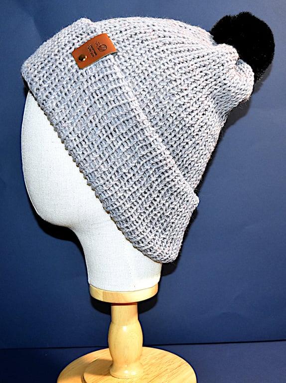 Handcrafted Hat with Faux Rabbit Fur Pompom Grey Coloured