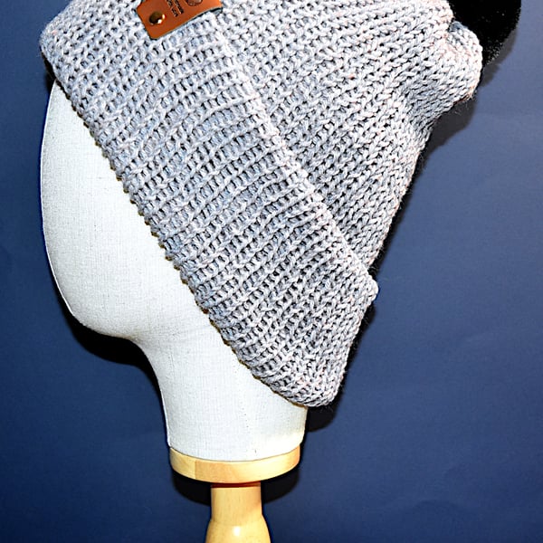 Handcrafted Hat with Faux Rabbit Fur Pompom Grey Coloured