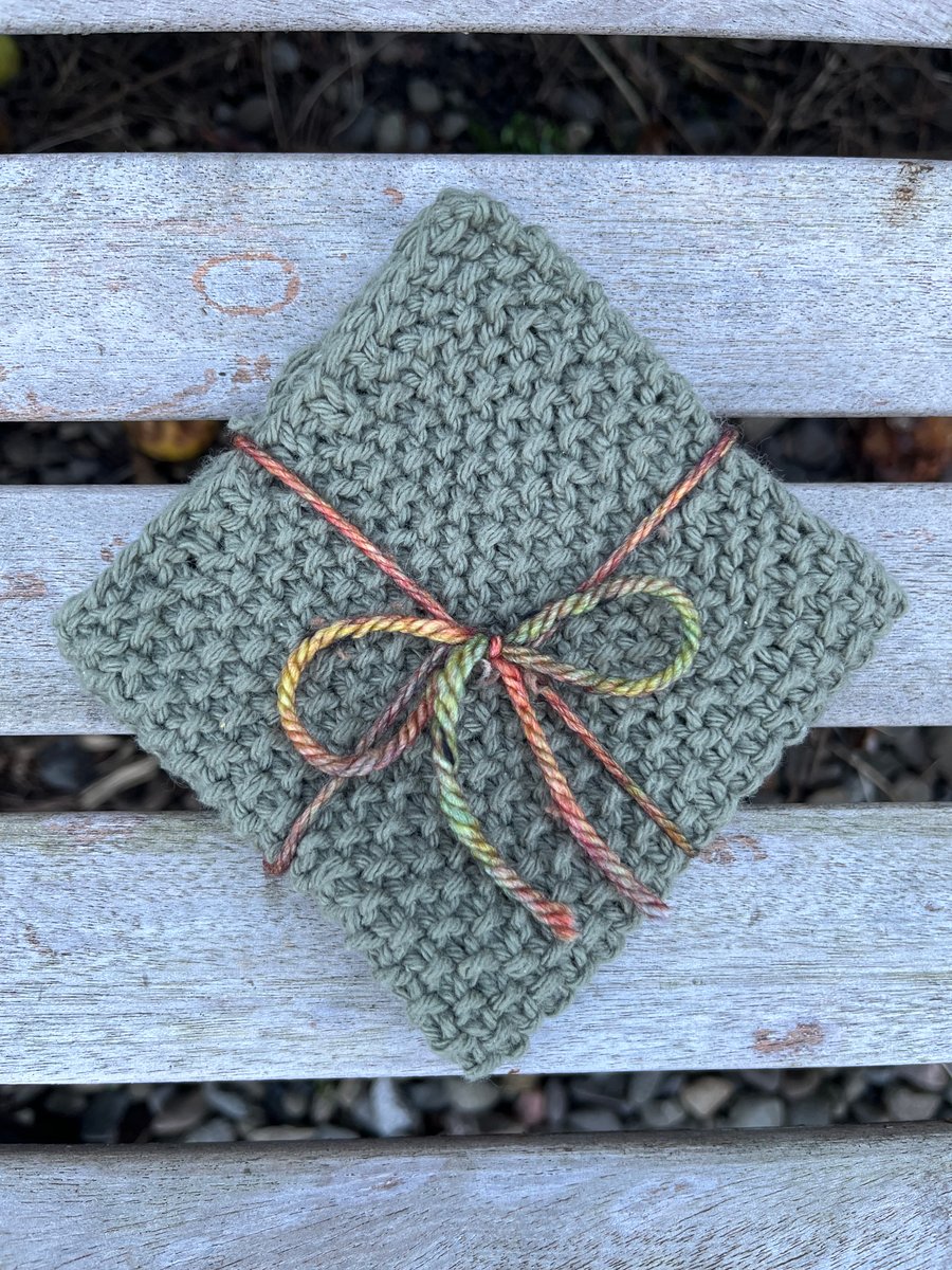 Handmade dishcloth from recycled cotton. Reusable. Dark Green. Approx. 9 x 9 in.