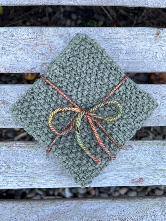Handmade dishcloth from recycled cotton. Reusable. Dark Green. Approx. 9 x 9 in.