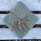 Handmade dishcloth from recycled cotton. Reusable. Dark Green. Approx. 9 x 9 in.
