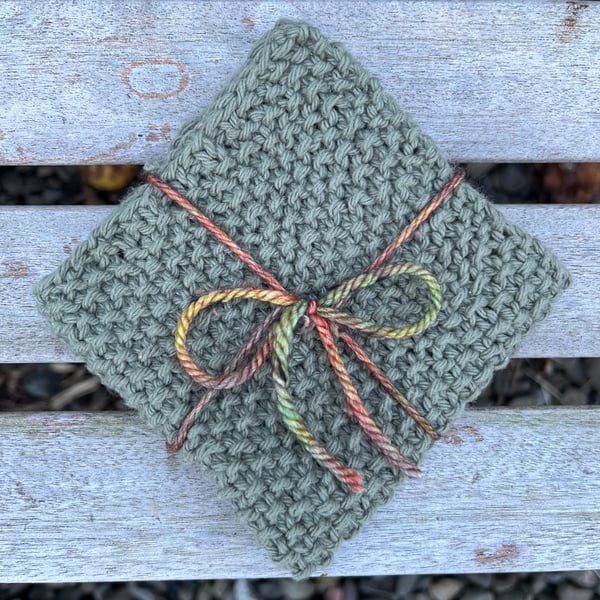 Handmade reusable dishcloth from recycled cotton. Dark Green. Approx. 9 x 9 in.