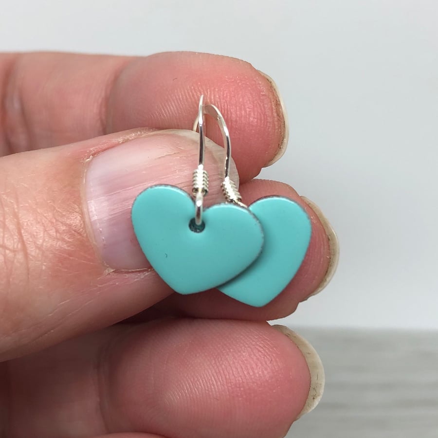 Turquoise enamel heart charm, sterling silver earrings 
