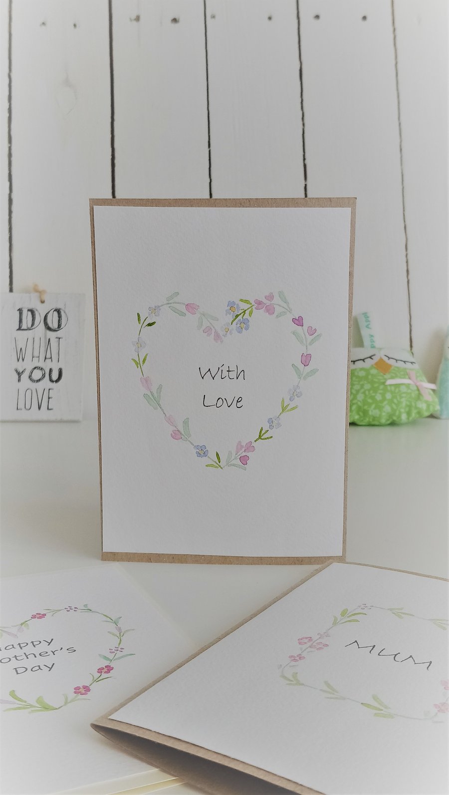 Original Hand Painted "With Love" Card with Pink & Blue Flower Wreath