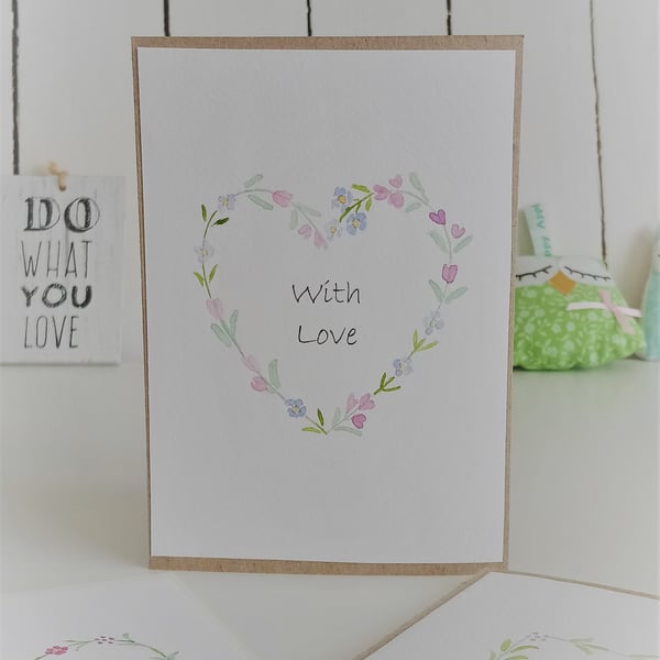 Original Hand Painted "With Love" Card with Pink & Blue Flower Wreath