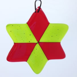 Bright Green & Red Fused Glass Star Hanging Decoration 