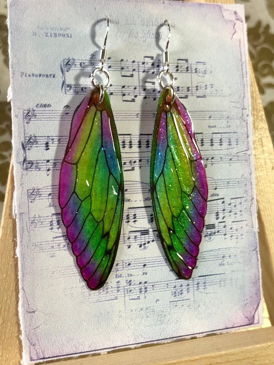 Green and Purple Fairy Wing Sterling Silver Earrings