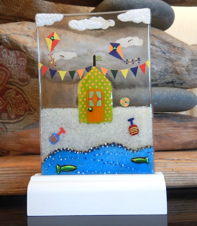 UNIQUE: Handmade Fused Glass 'BEACH HUT' Picture.