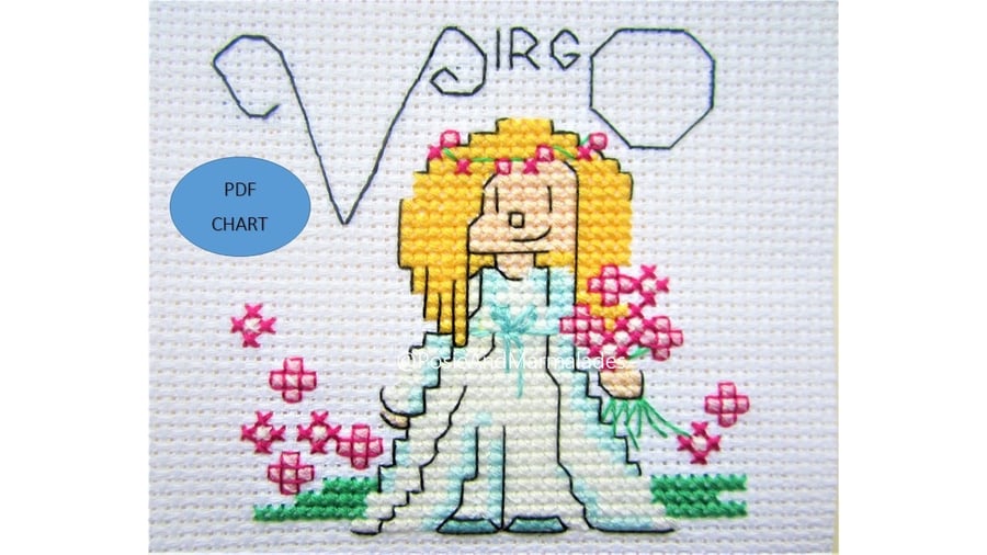 Virgo star sign zodiac theme small cross stitch PDF chart