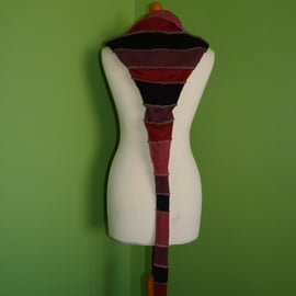 Long Hood with Neck Ties. Upcycled. Burgundy and Black. Faerie Festival Wear.