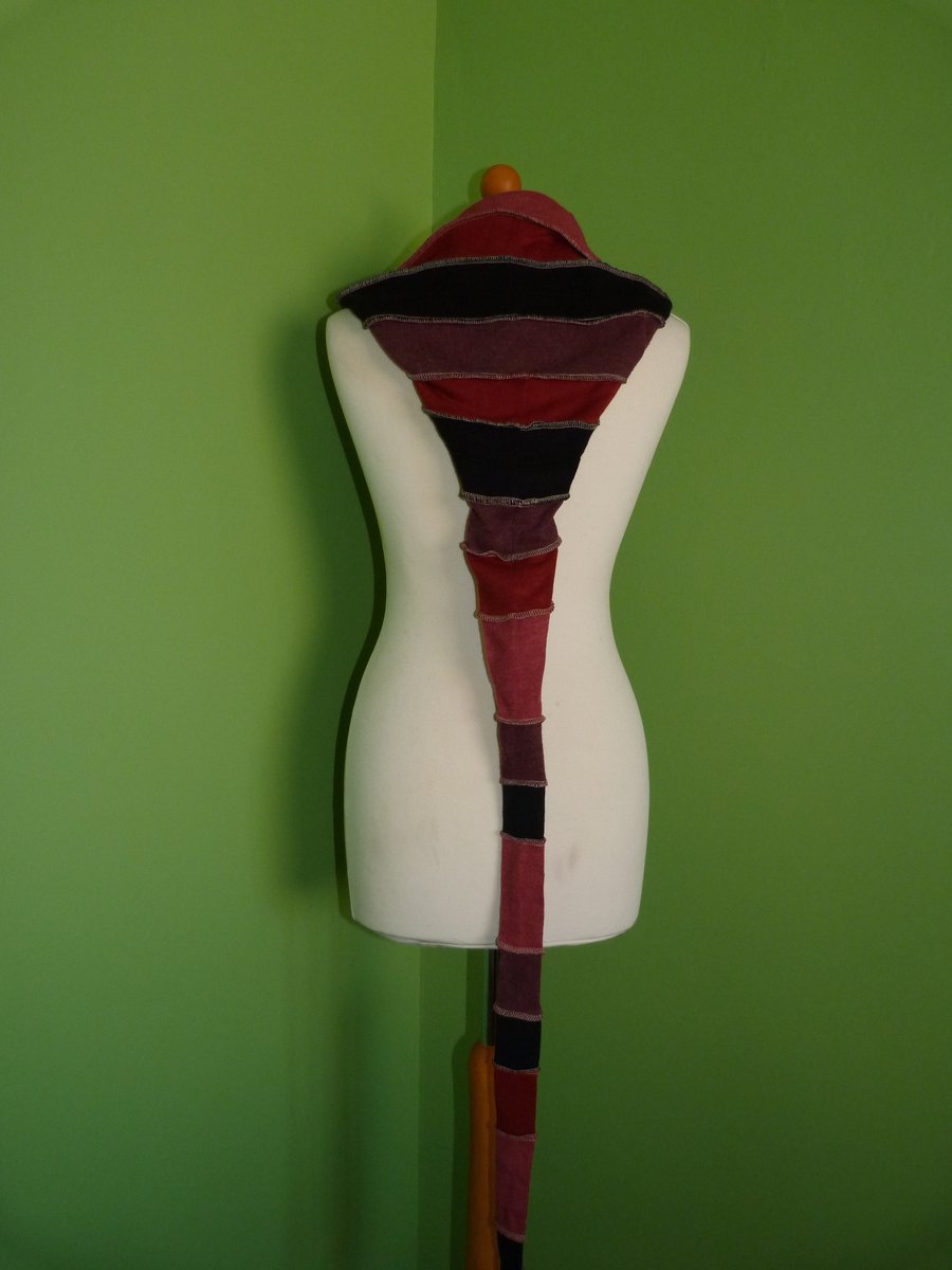 Long Hood with Neck Ties. Upcycled. Burgundy and Black. Faerie Festival Wear.