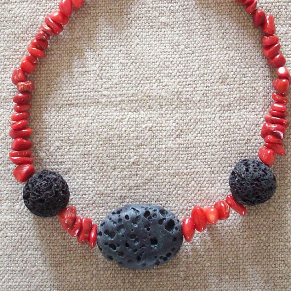 Lava Bead And Coral Necklace