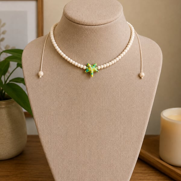 Turquoise Starfish Beaded Choker Necklace Boho Beach Summer Jewellery.