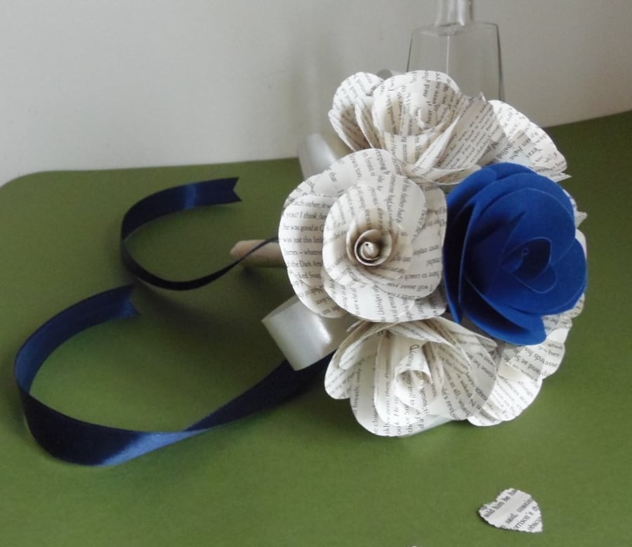 Book Rose Bouquet Blue Paper Flower, Bridesmaid Choice of Authors