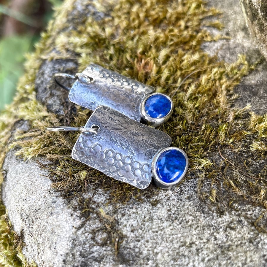 Oxidised sterling silver and lapis lazuli industrial look earrings