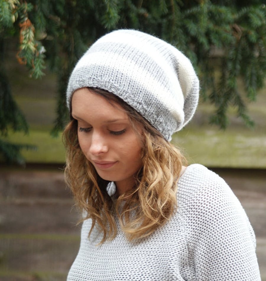 Unisex Grey and Cream Slouchy Hat, Slouchy Beanie 