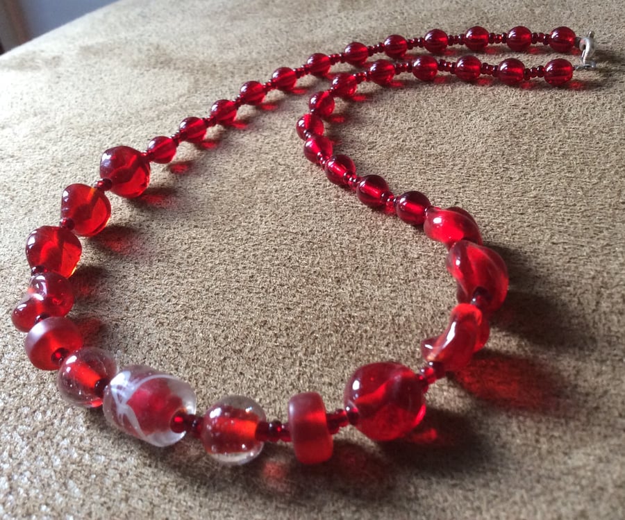 SALE - Pretty Red Glass Bead  Necklace   
