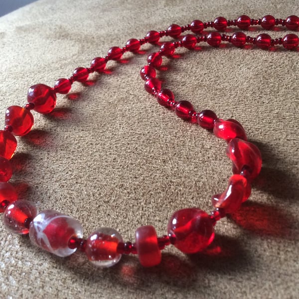 SALE - Pretty Red Glass Bead  Necklace   