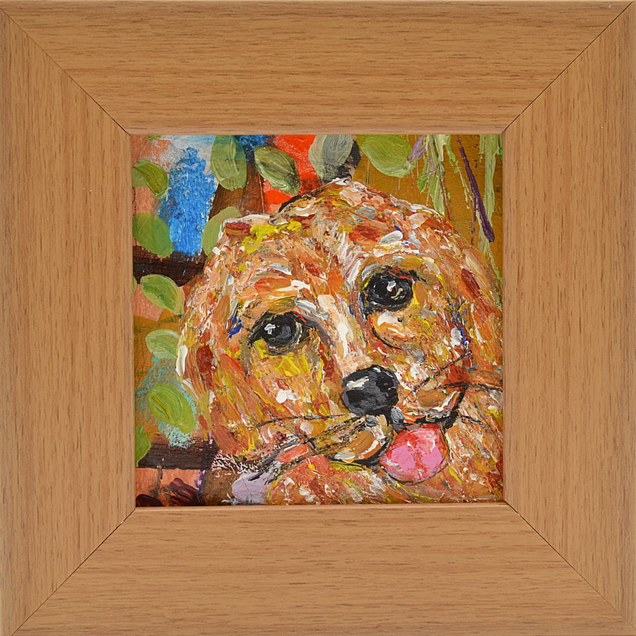 Small Framed Painting of a Hungry Dog (5.5 x 5.5 inches. Ready to Hang)