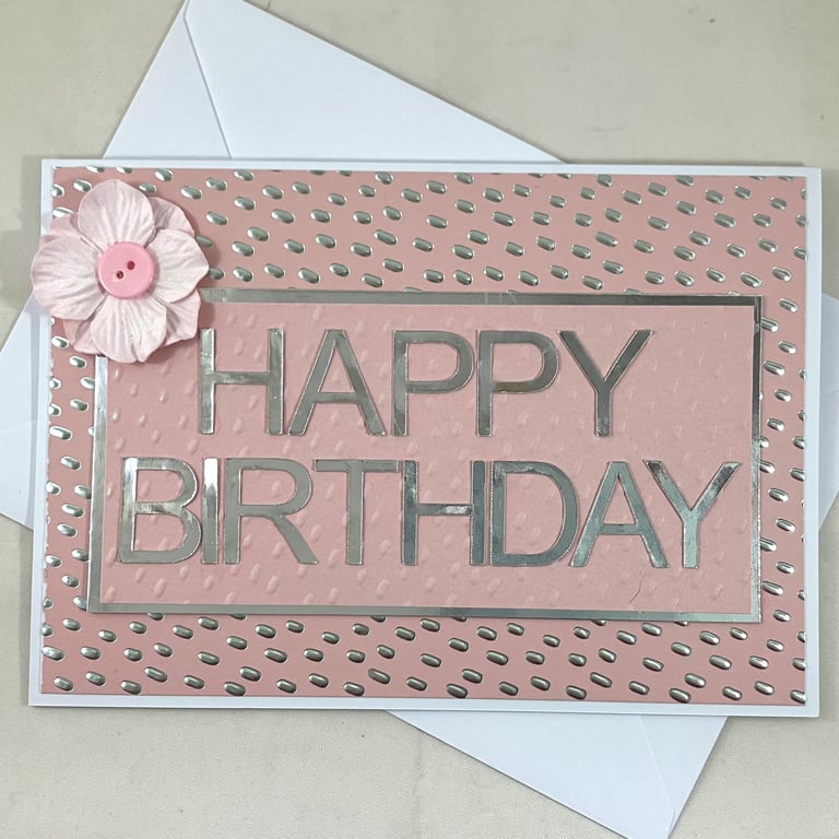 Pink and silver text Happy Birthday card