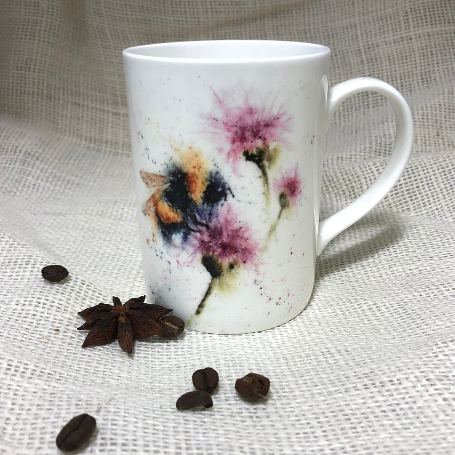 Bumblebees & Thistles Bone China Mug, China Cup, Wildlife Art Mug by Watercolour