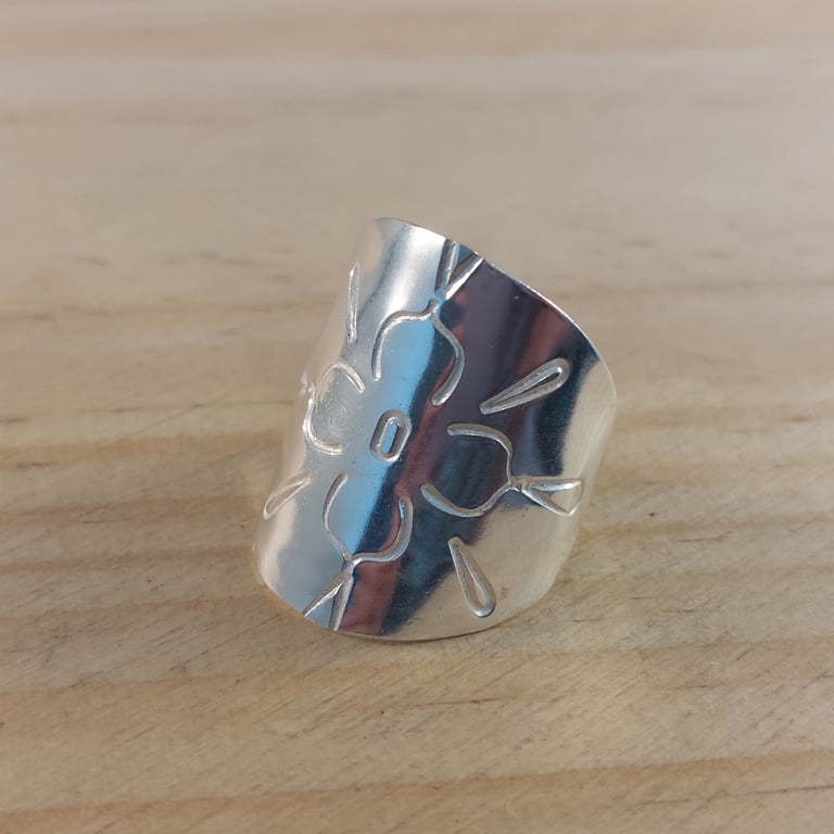 Upcycled Sterling Silver Mandala Stamped Spoon Bowl Adjustable Ring (SKU060625)