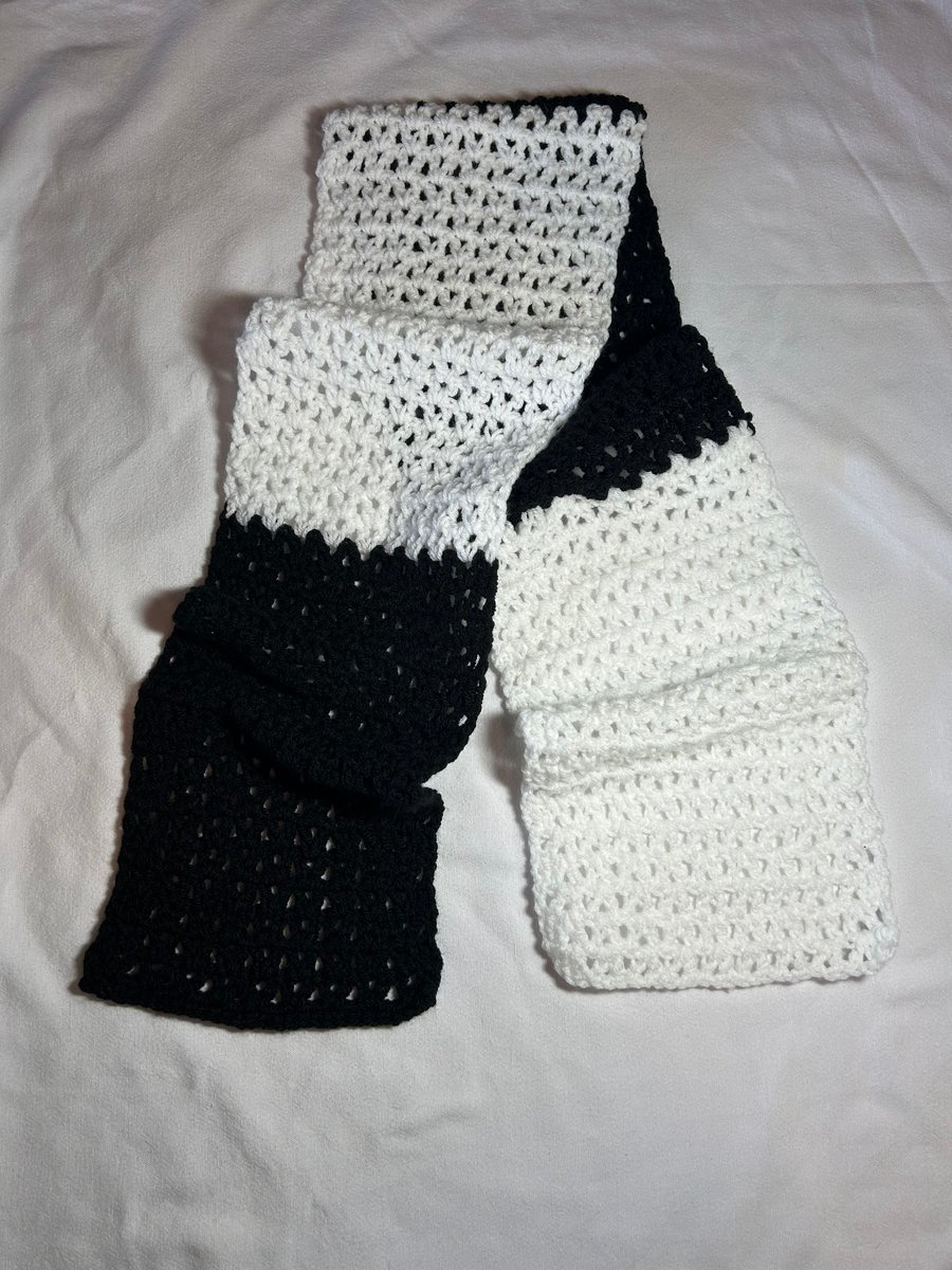 Handmade, crocheted, black and white scarf, 54” long, 7” wide. For him or her.