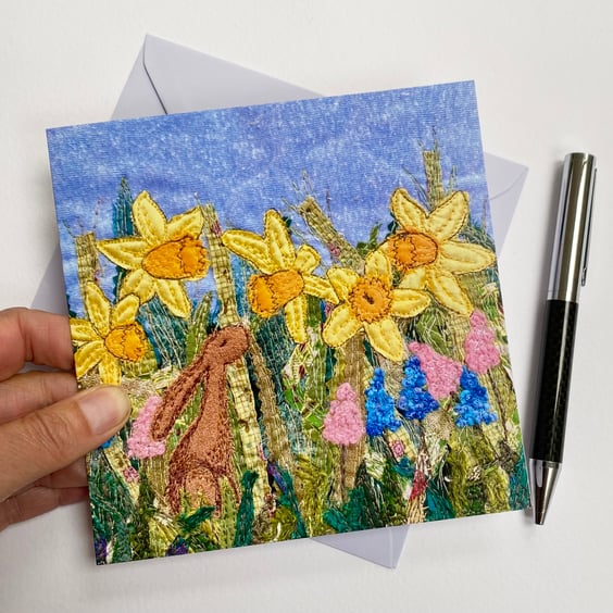 Daffodil and hare spring printed greetings card.  