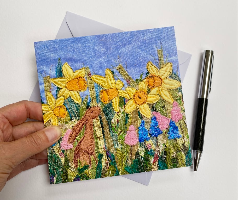 Daffodil and hare spring printed greetings card.  