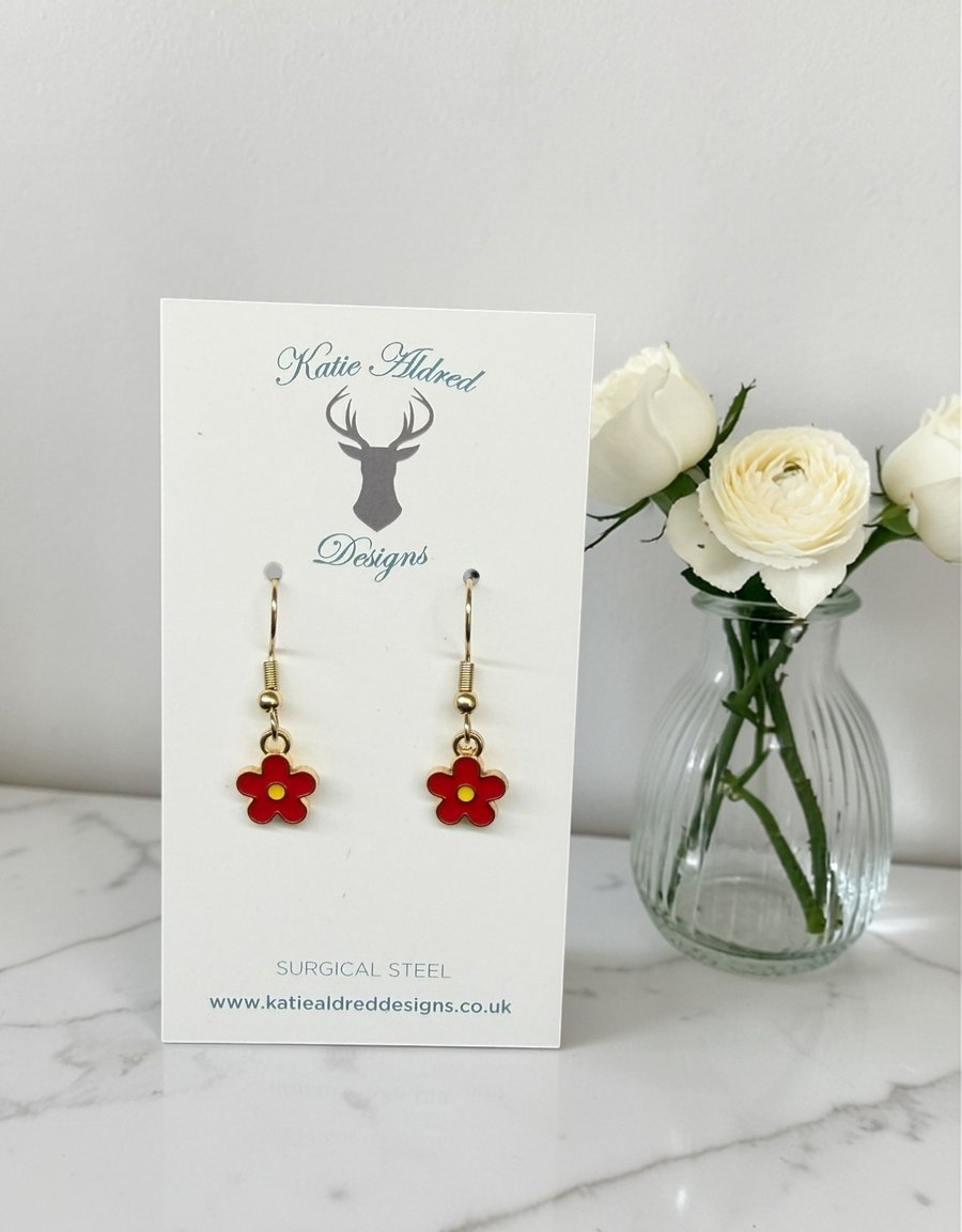 Charm Earrings - Red Daisy