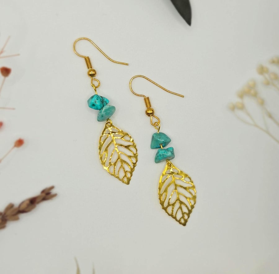Gold leaf charm drop earrings with imitation turquoise gemstone chips
