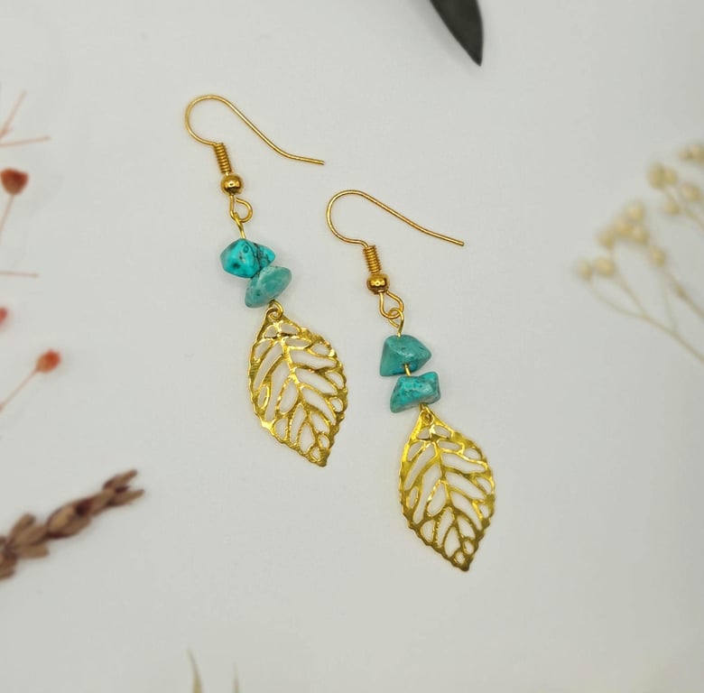 Gold leaf charm drop earrings with imitation turquoise gemstone chips