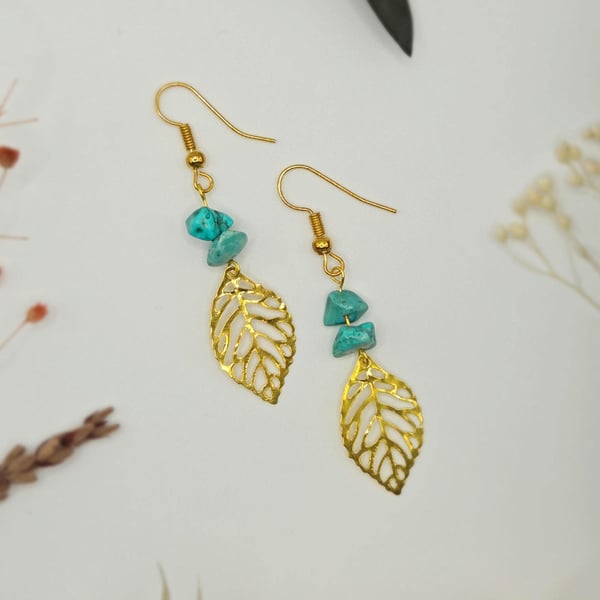 Gold leaf charm drop earrings with imitation turquoise gemstone chips