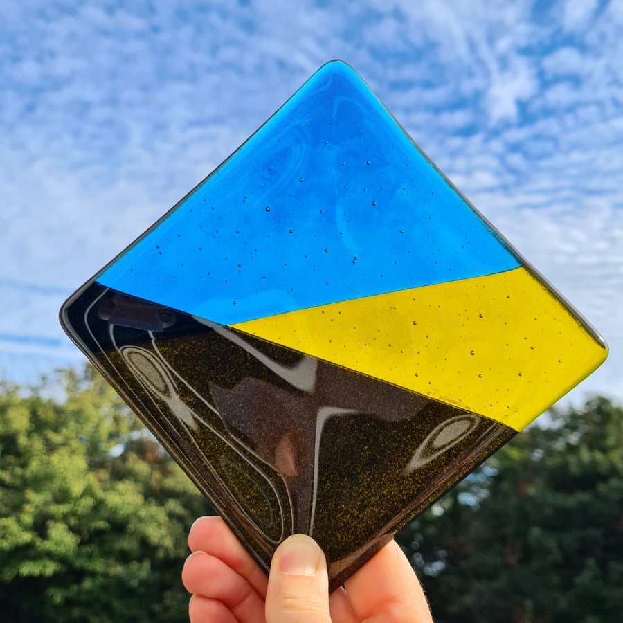 Yellow, blue and sparkly fused glass dish.
