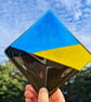 Yellow, blue and sparkly fused glass dish.