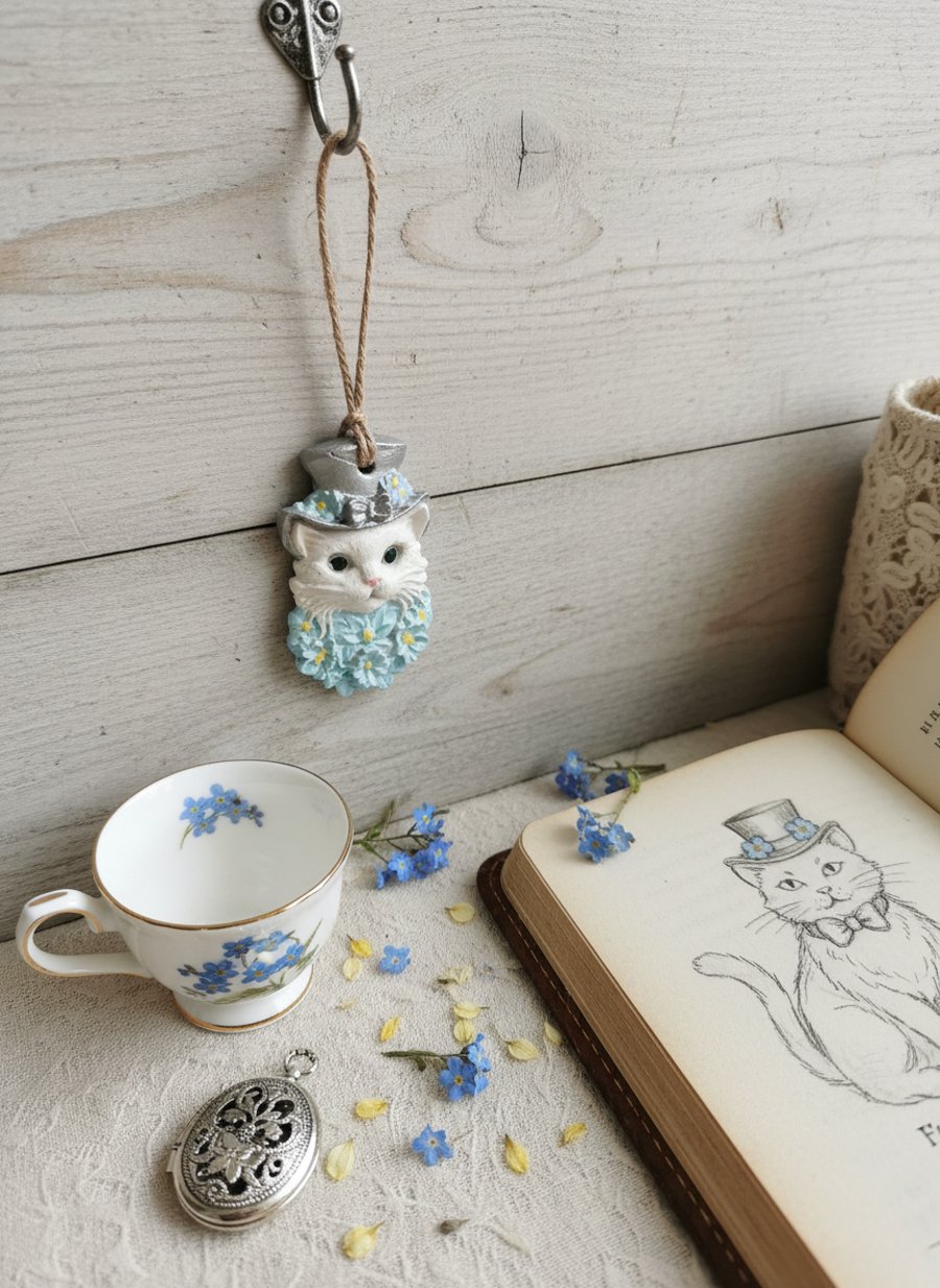 Clay Cat in a Top Hat Hanging Decoration 