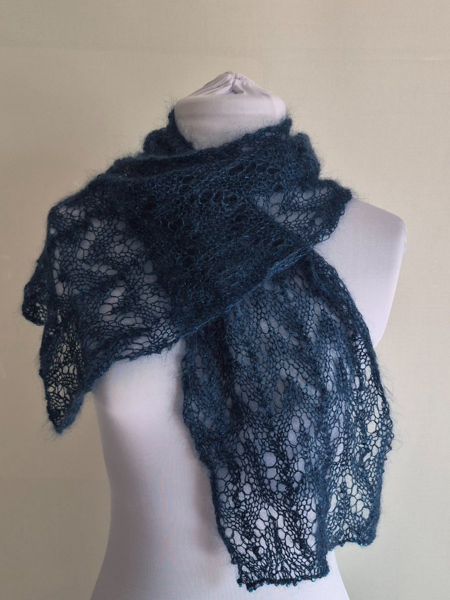 49. Navy Blue, With Sparkles, Handknitted Lacy Short Scarf . Measure 43"x 8". 