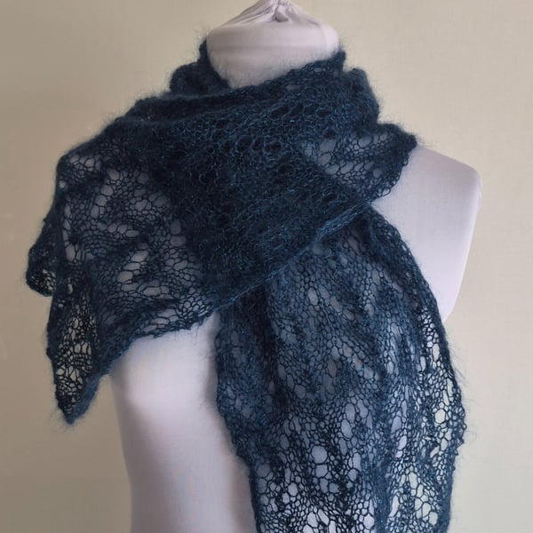 49. Navy Blue, With Sparkles, Handknitted Lacy Short Scarf . Measure 43"x 8". 