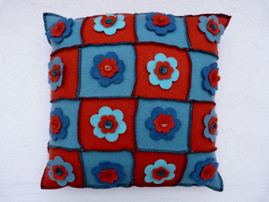 Upcycled Natural Fibre Cushion  with Felt Flowers and a  Button Back