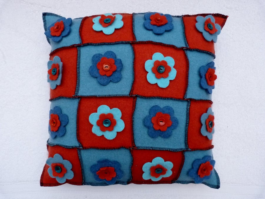 Upcycled Natural Fibre Cushion  with Felt Flowers and a  Button Back