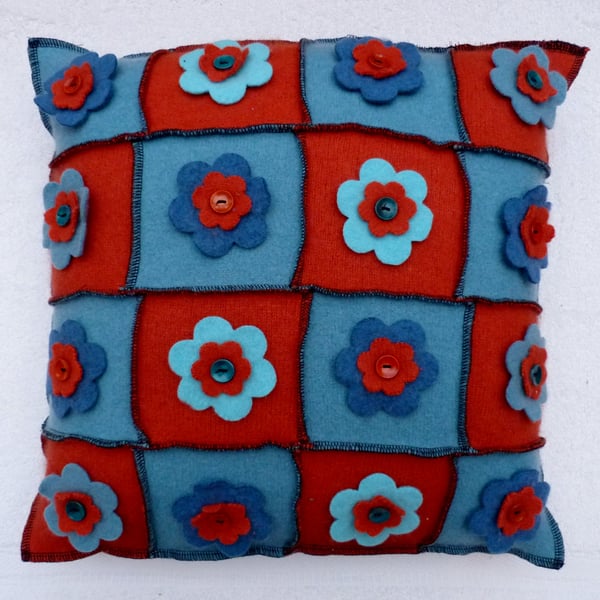 Upcycled Natural Fibre Cushion  with Felt Flowers and a  Button Back