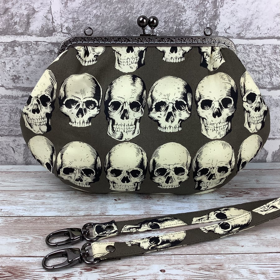 Gothic skulls medium frame clutch handbag, Detachable strap, Handmade