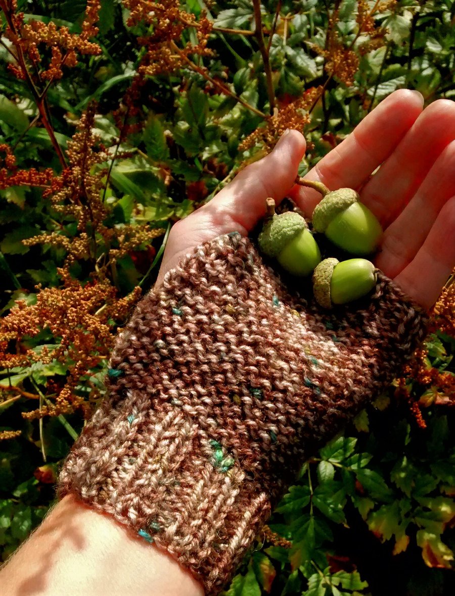 Fingerless Gloves, Brown Tweed Knitted Gloves